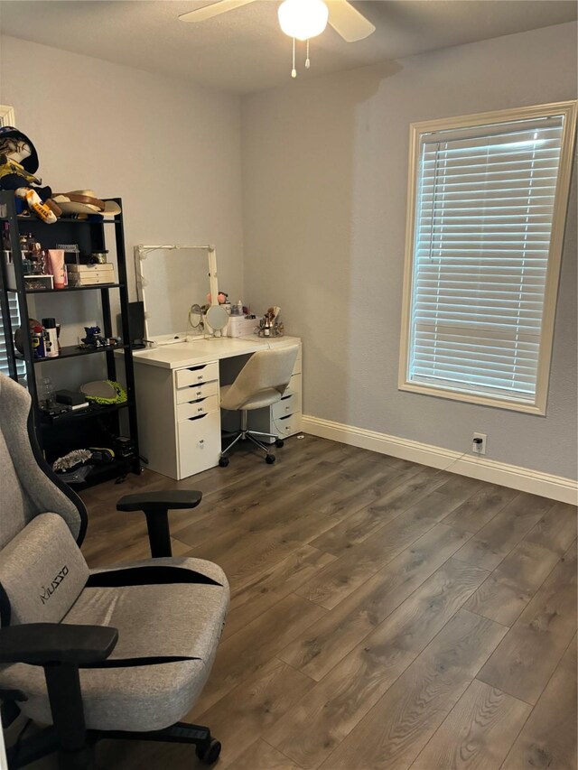 office space featuring dark hardwood / wood-style flooring and ceiling fan