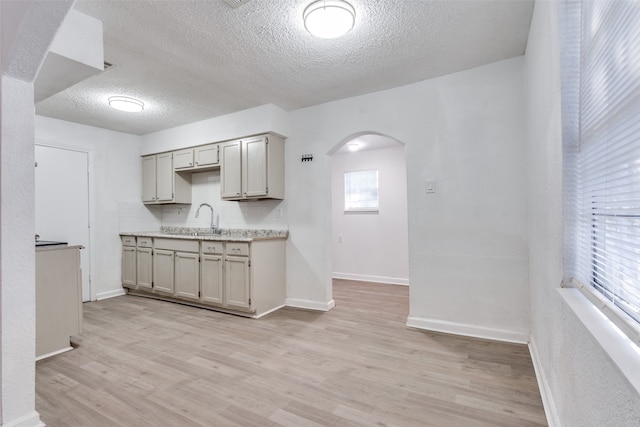 kitchen featuring plenty of natural light, sink, light wood-type flooring, and a textured ceiling