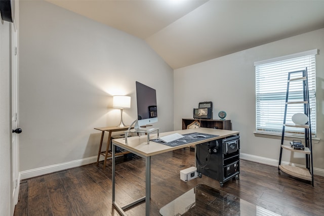 office area with dark hardwood / wood-style floors and vaulted ceiling