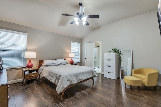 bedroom with ceiling fan, lofted ceiling, and dark wood-type flooring