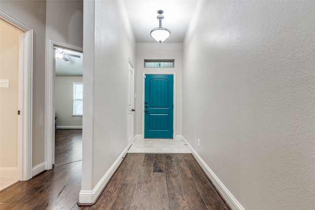 doorway to outside featuring wood-type flooring and ceiling fan