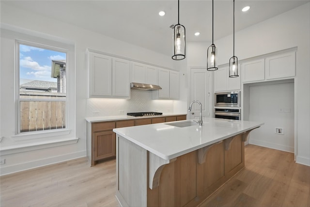 kitchen featuring under cabinet range hood, a sink, light wood-type flooring, decorative backsplash, and appliances with stainless steel finishes