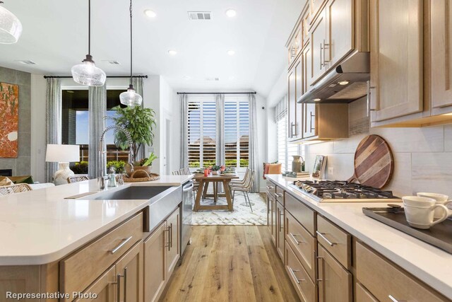 kitchen featuring sink, pendant lighting, a kitchen island with sink, appliances with stainless steel finishes, and light wood-type flooring