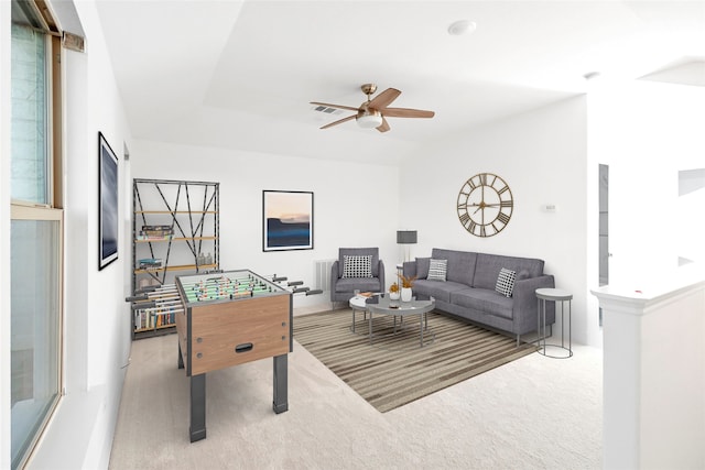 game room featuring ceiling fan and carpet flooring