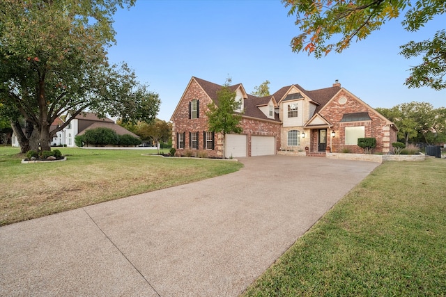 view of front of house with a front lawn, central AC unit, and a garage