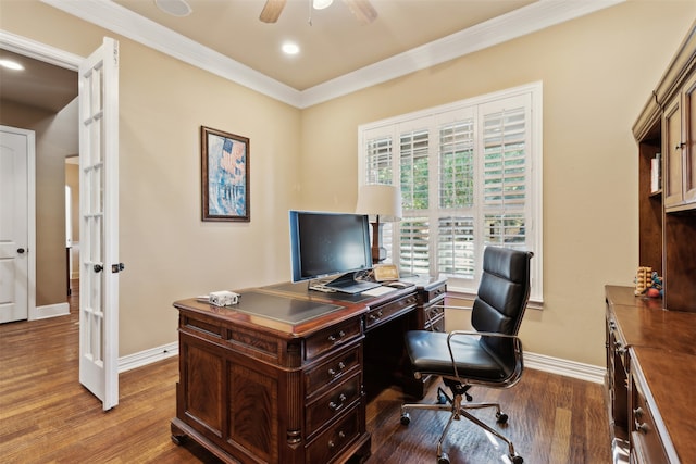 office area with ceiling fan, dark hardwood / wood-style flooring, ornamental molding, and french doors