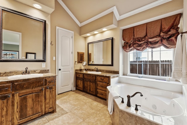 bathroom featuring vanity, vaulted ceiling, tile patterned flooring, ornamental molding, and tiled tub