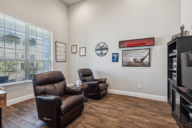 sitting room with dark hardwood / wood-style flooring