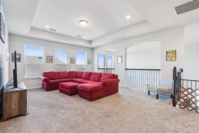 living room with a tray ceiling, light carpet, and a healthy amount of sunlight