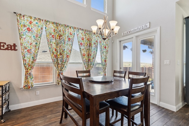 dining space with a healthy amount of sunlight, dark wood-type flooring, and a chandelier