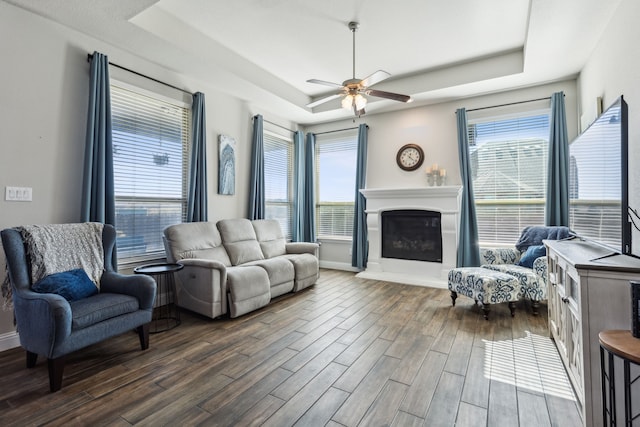 living room with a tray ceiling, ceiling fan, and dark hardwood / wood-style flooring