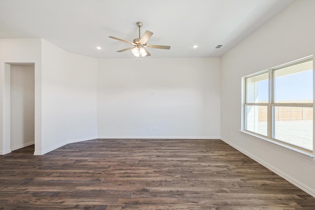 2511 Ridgecrest Ln, Sherman, TX 75092 - unfurnished room with a ceiling fan, recessed lighting, dark wood-style flooring, and baseboards