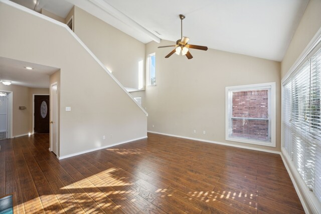 unfurnished living room featuring beamed ceiling, dark hardwood / wood-style floors, ceiling fan, and high vaulted ceiling