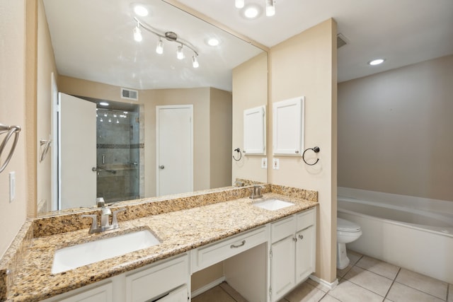 full bathroom with separate shower and tub, tile patterned flooring, vanity, and toilet