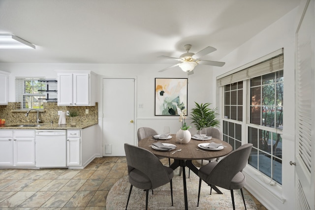 dining room featuring ceiling fan and sink