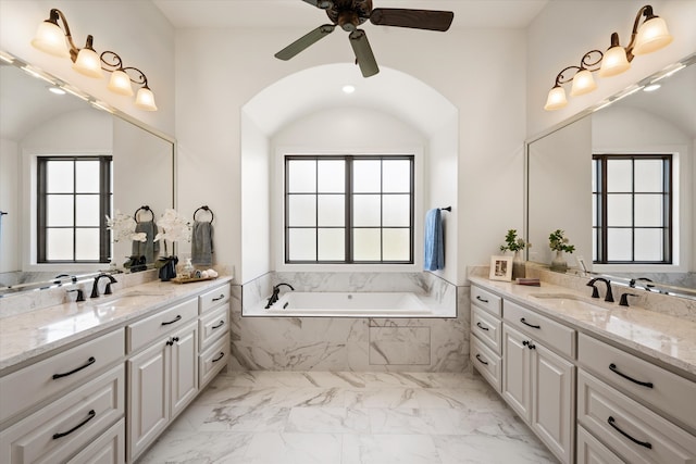 carpeted bedroom featuring access to exterior, vaulted ceiling with beams, and ceiling fan