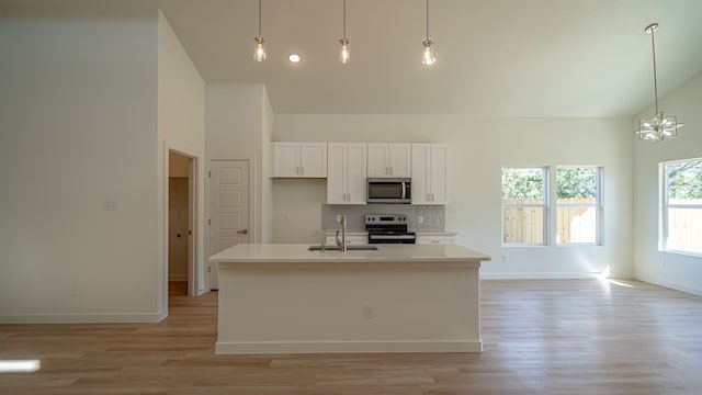 kitchen featuring sink, a center island with sink, high vaulted ceiling, and appliances with stainless steel finishes