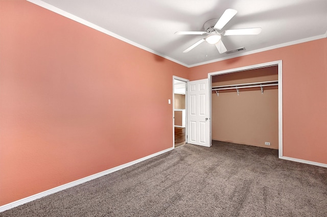 205 N Bean St, Howe, TX 75459 - unfurnished bedroom featuring carpet flooring, ornamental molding, baseboards, a closet, and ceiling fan
