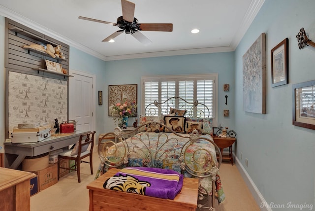 bedroom with ceiling fan, crown molding, and light carpet