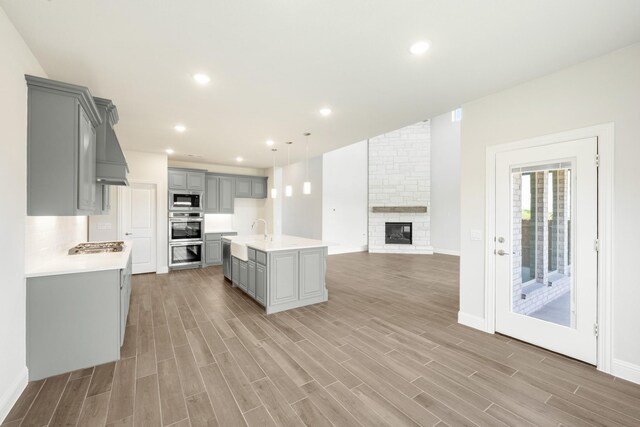 116 Harlan Ct, Aledo, TX 76008 - kitchen featuring gray cabinets, appliances with stainless steel finishes, light countertops, open floor plan, and a fireplace