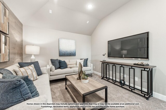 living room featuring light carpet and lofted ceiling