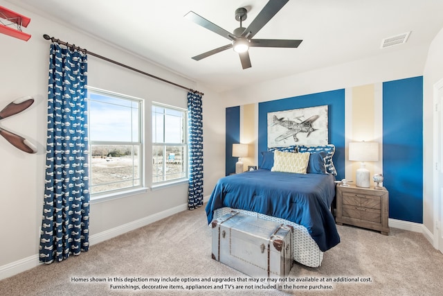 carpeted bedroom with ceiling fan