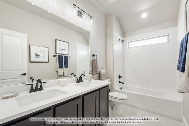 full bathroom featuring toilet, vanity, shower / bath combination, and tile patterned floors