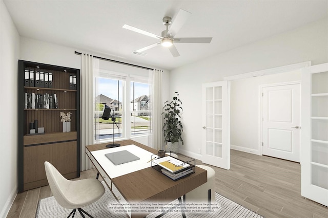 116 Harlan Ct, Aledo, TX 76008 - office space featuring light wood finished floors, baseboards, a ceiling fan, and french doors