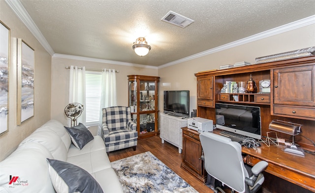 home office featuring dark hardwood / wood-style flooring, ornamental molding, and a textured ceiling