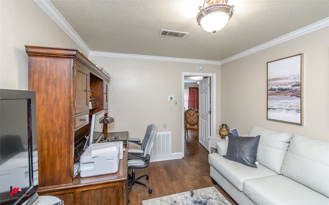 office area with dark wood-type flooring, a textured ceiling, and ornamental molding