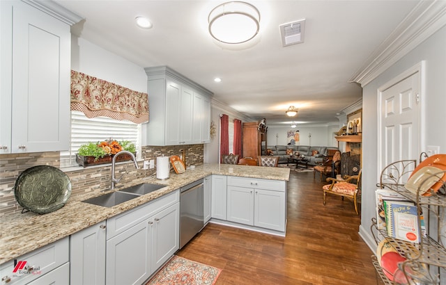 kitchen featuring ornamental molding, stainless steel dishwasher, dark wood-type flooring, and sink