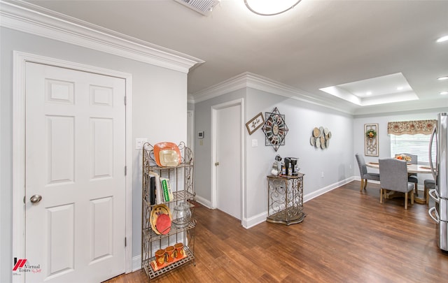 office with dark hardwood / wood-style flooring and ornamental molding