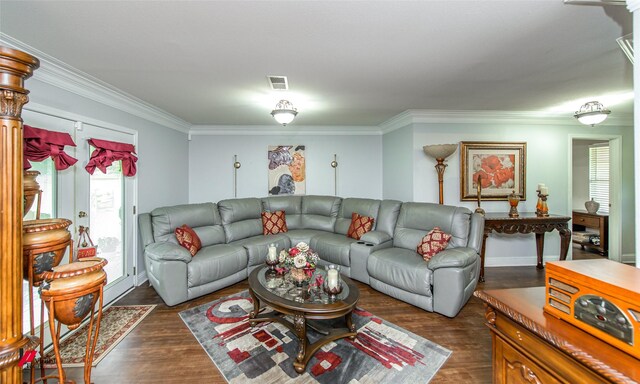 living room featuring ornamental molding and dark wood-type flooring