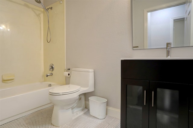 full bathroom featuring shower / tub combination, tile patterned floors, vanity, and toilet