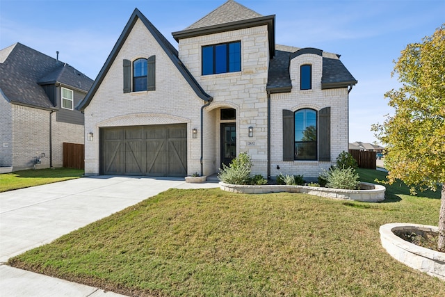 french country style house with a front yard and a garage