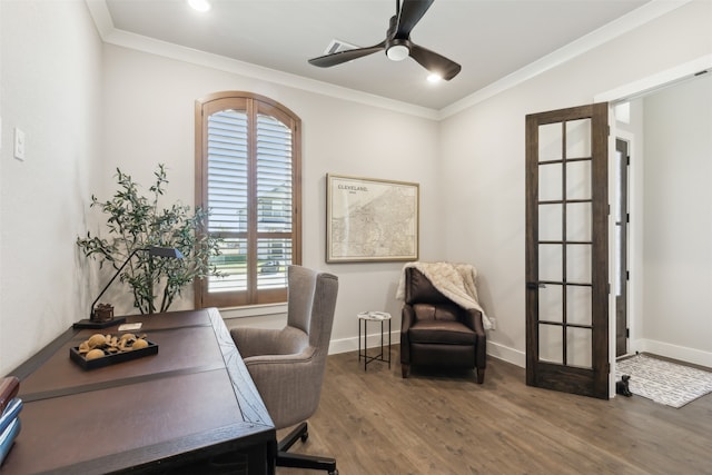 office space with crown molding, french doors, ceiling fan, and wood-type flooring