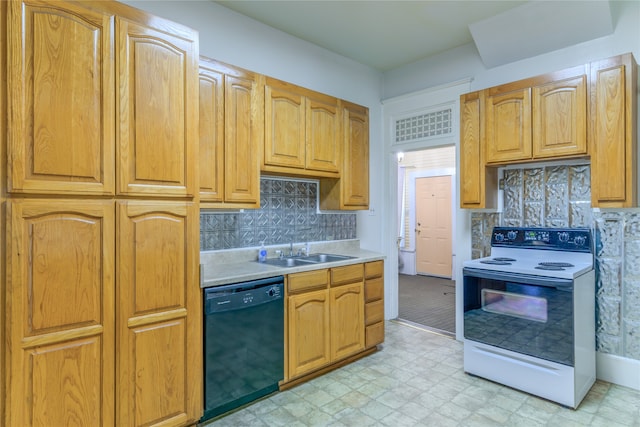 kitchen with decorative backsplash, electric range, dishwasher, and sink