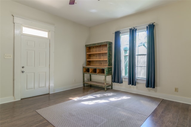 entryway featuring ceiling fan and dark hardwood / wood-style flooring