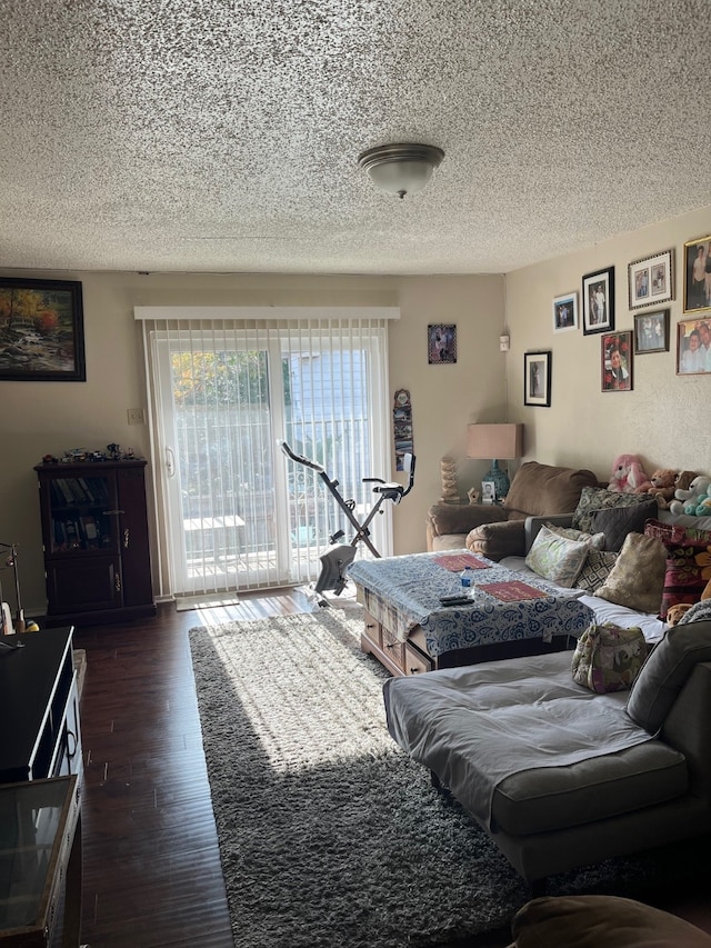 bedroom with access to exterior, dark hardwood / wood-style flooring, and a textured ceiling