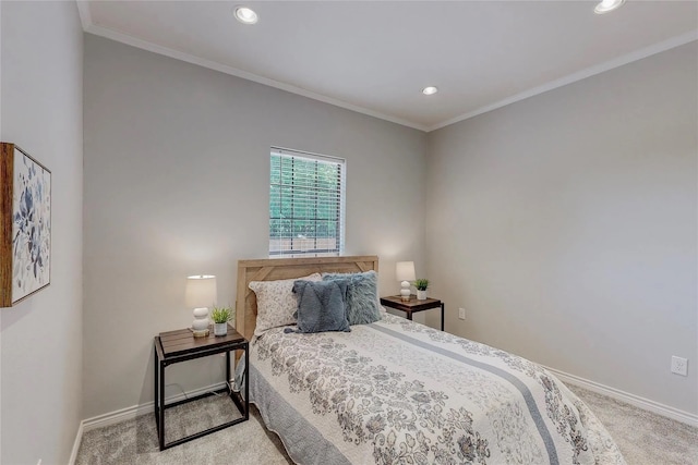 bedroom featuring light colored carpet and ornamental molding