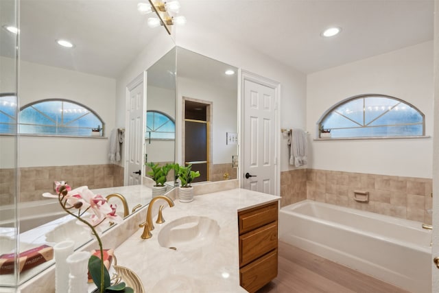 bathroom featuring a bath, vanity, and hardwood / wood-style flooring