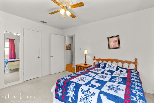 bedroom featuring carpet and ceiling fan