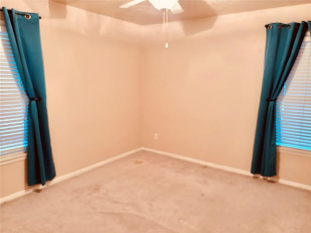 spare room with ceiling fan and carpet