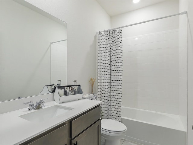 full bathroom with vanity, toilet, and shower / bathtub combination with curtain