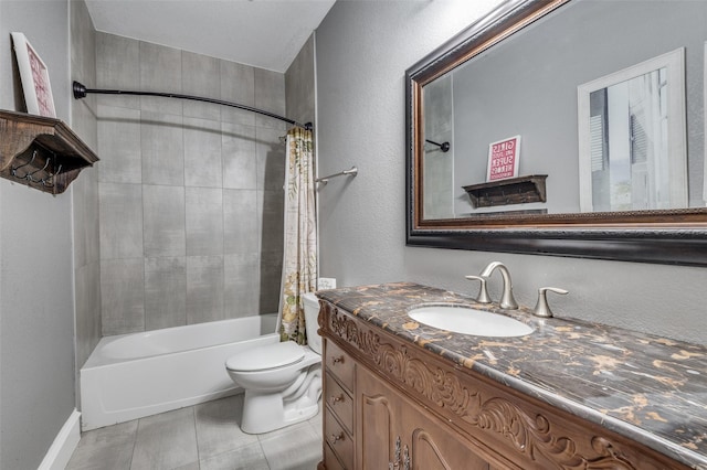 full bathroom featuring tile patterned flooring, shower / tub combo, vanity, and toilet