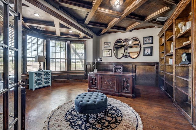 sitting room featuring beamed ceiling, wood walls, dark wood-type flooring, and coffered ceiling