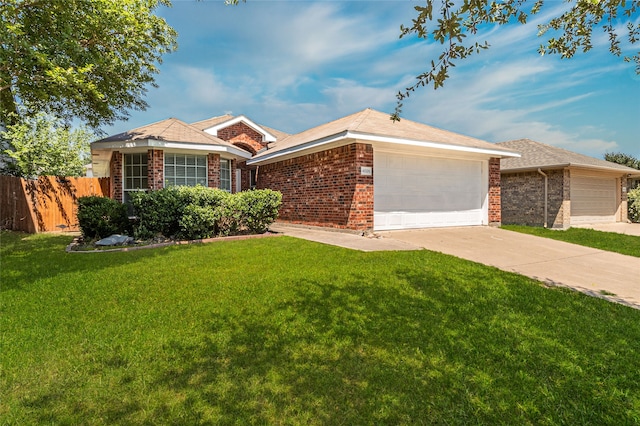 ranch-style home featuring a front yard and a garage