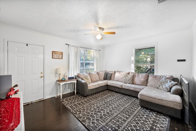 living room with a textured ceiling, ceiling fan, dark hardwood / wood-style floors, and ornamental molding