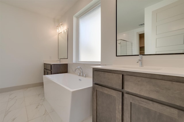 bathroom with vanity and plus walk in shower