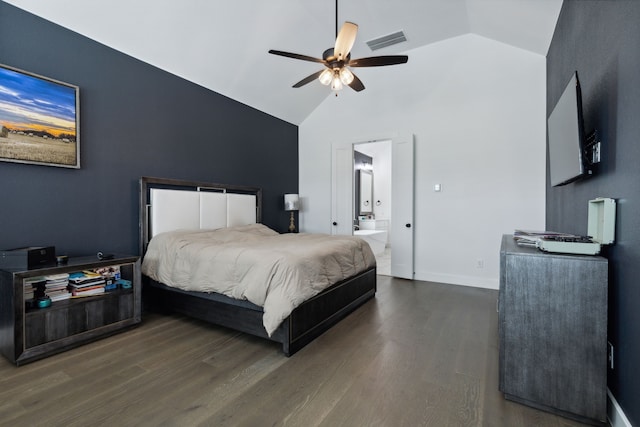 2608 Camden Ct, Celina, TX 75009 - bedroom featuring wood finished floors, connected bathroom, a ceiling fan, high vaulted ceiling, and baseboards